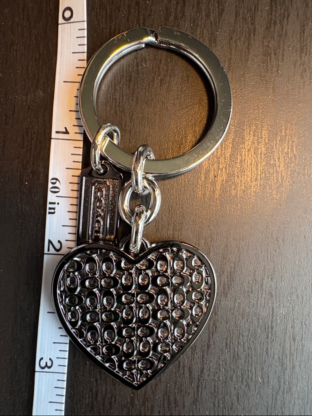 Coach Gunmetal Heart Keyring with Pebbled Texture